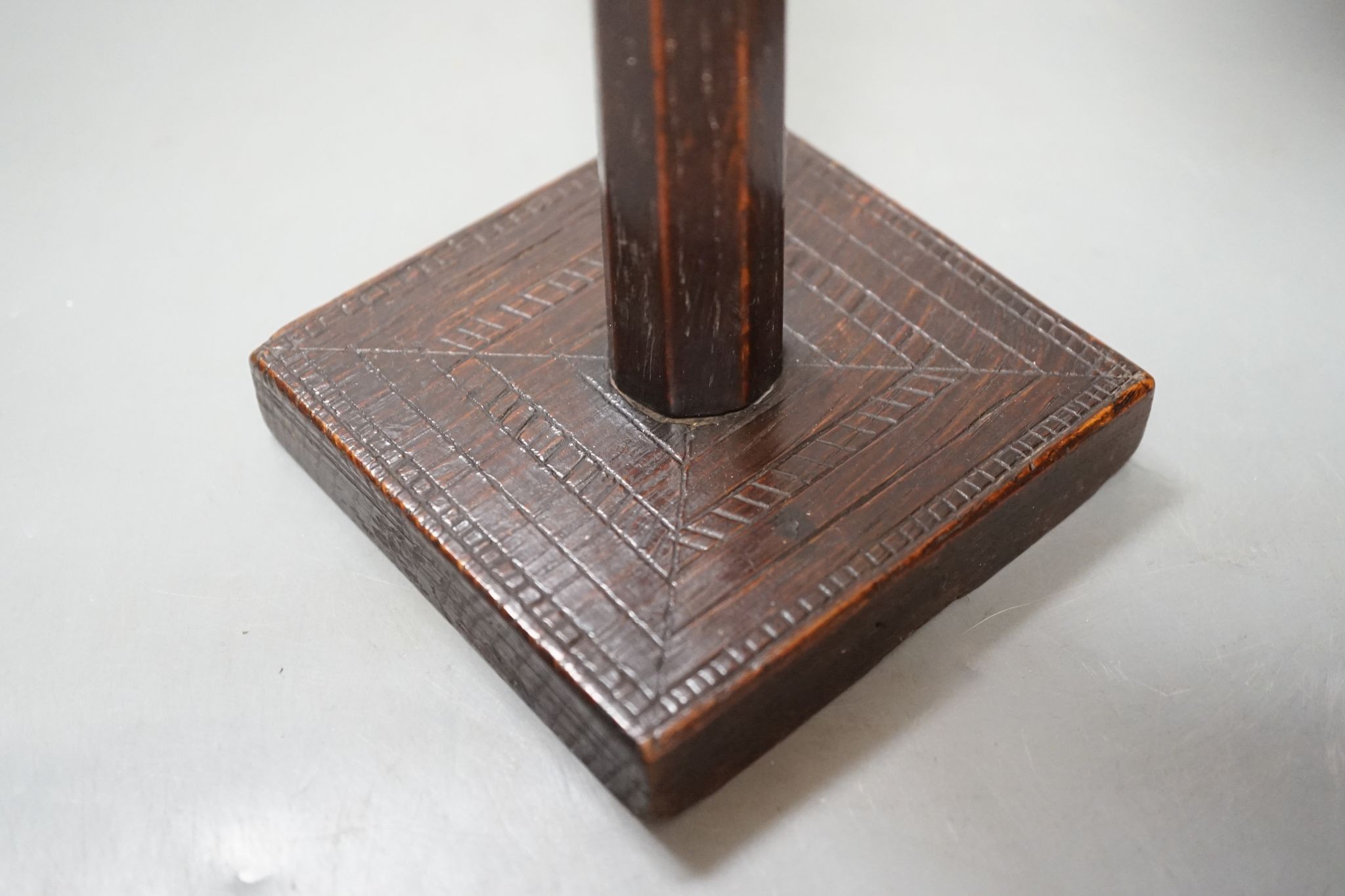 19th century Treen: mahogany candlestand, an oak hat or wig stand, 35.5cm and a burr oak hand mirror